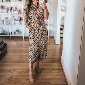 Leopard Print Short Sleeve Collared Midi Shirtdress,  Belted Button Up Dress